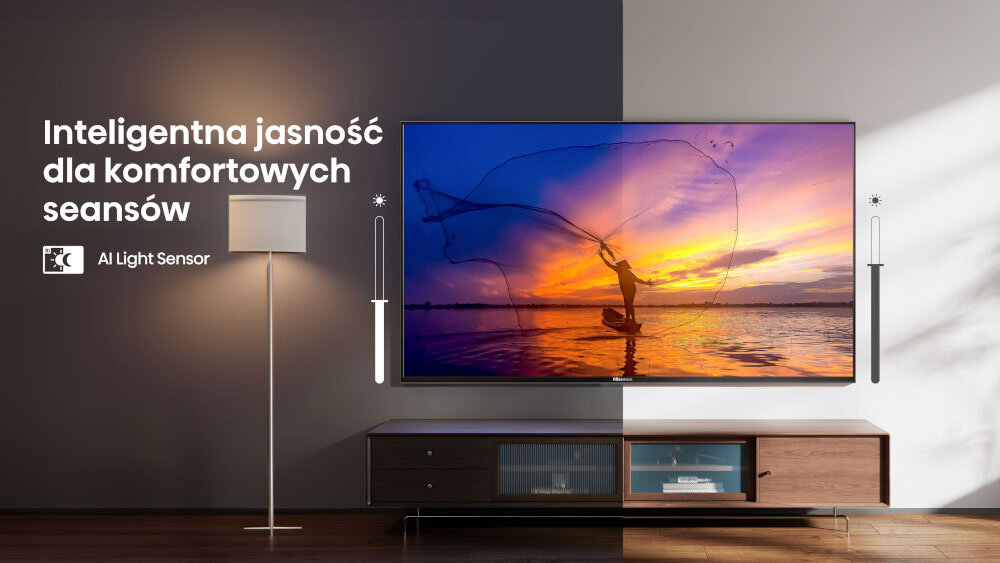 Telewizor HISENSE 100E7Q Pro - Obraz dopasowany do światła, telewizor powieszony na ścianie nad komodą, obrazp odzielony na dwie części - światło dzienne i nocne