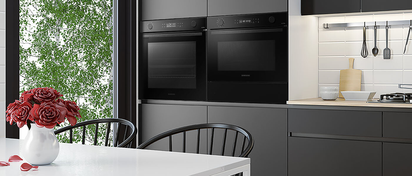 Elegancka zabudowa meblowa, którą uzupełniają dostępne w Media Expert piekarnik, piekarnik kompaktowy oraz szuflada podgrzewająca Samsung