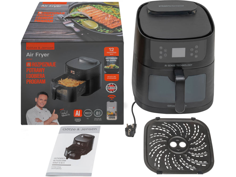 Frytkownica beztłuszczowa GÖTZE & JENSEN AF850T AI Air Fryer elementy zestawu koszyk instrukcja opakowanie
