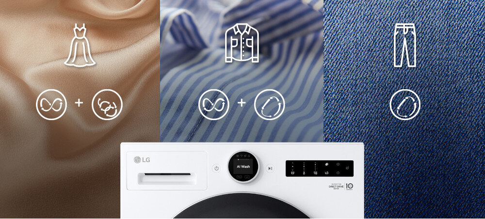 PRALKA LG F4X7511TBB Zdjęcie przedstawia panel sterowania białej pralki, nad którym widoczne są trzy pionowe strefy symbolizujące różne rodzaje tkanin (sukienka, koszula i spodnie/dżinsy) z odpowiadającymi im symbolami optymalnych ruchów bębnatkaniny ruchy bębna AI Wash sukienka koszula spodnie optymalna pielęgnacja 