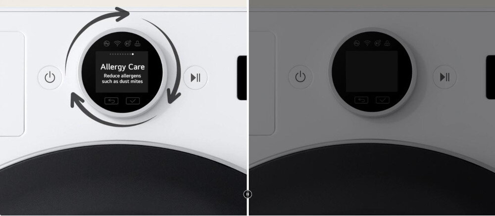 PRALKA LG F4X7511TBB Zdjęcie przedstawia zbliżenie na panel sterowania pralki, podzielone na dwie części: po lewej widać wyraźnie centralny wyświetlacz z aktywnym programem Allergy Care (Pielęgnacja Antyalergiczna) i strzałkami symbolizującymi ruch bębna, natomiast prawa strona jest przyciemniona i ma wyłączony wyświetlacz. programy zoptymalizowane pranie nawyki automatyczne cykle ustawienia dopasowanie pralka łatwiejsze użytkowanie indywidualne potrzeby