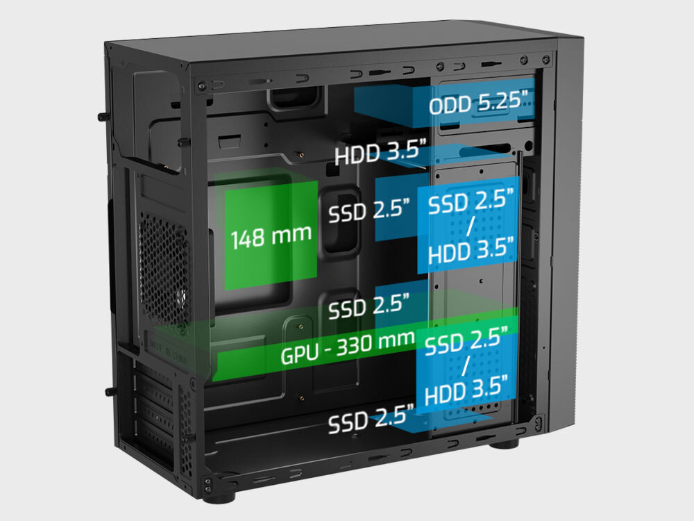 Obudowa NATEC Helix USB-C 6 dysków, 3 miejsca ssf 2,5cala, 1 slot hdd 3,5cala, 2 elastyczne miejsca, 5,25cala na ddvd/blu-ray, gpu do 330mm