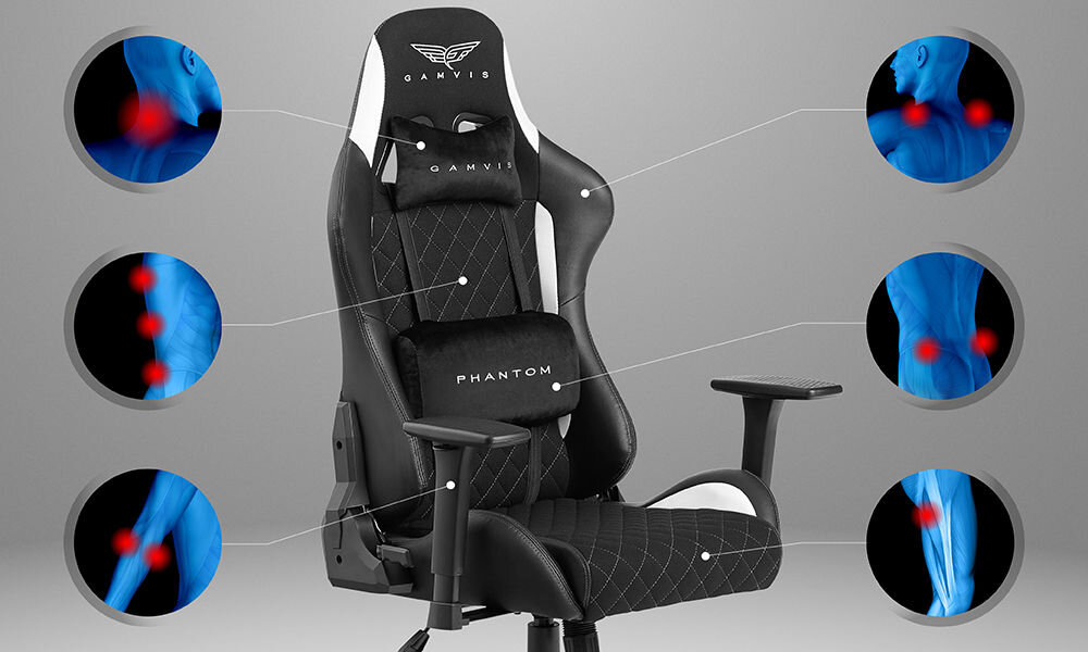 Fotel GAMVIS Phantom Large Czarny (białe elementy) prezentacja fotela na szarym tle i pokazanie miejsc na które fotel działa odciążająco ergonomiczne właściwości profilowane oparcie i siedzisko poduszki pod głowę i odcinek lędźwiowy wspomaganie prawidłowej postawy komfort