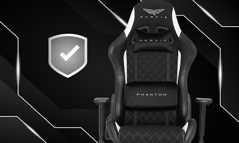 Fotel GAMVIS Phantom Large Czarny (białe elementy) prezentacja fotela na ciemnym tle z paskami obok tarcza solidne wykonanie atrakcyjna cena produkcja na tej samej linii co Xrocker Diablo Chairs jakość trwałość