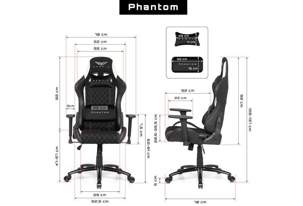 Fotel GAMVIS Phantom Large Czarny (białe elementy) prezentacja fotela od przodu i od boku na białym tle wymiary stabilność