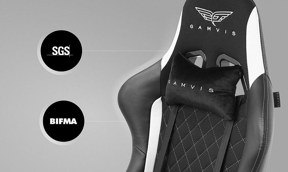 Fotel GAMVIS Phantom Large Czarny (białe elementy) prezentacja fotela na szarym tle ze zbliżeniem na oparcie napis SGS BIFMA optymalny stosunek ceny do jakości wysoka klasa komponentów standardy jakościowe SGS BIFMA trwałość bezpieczeństwo