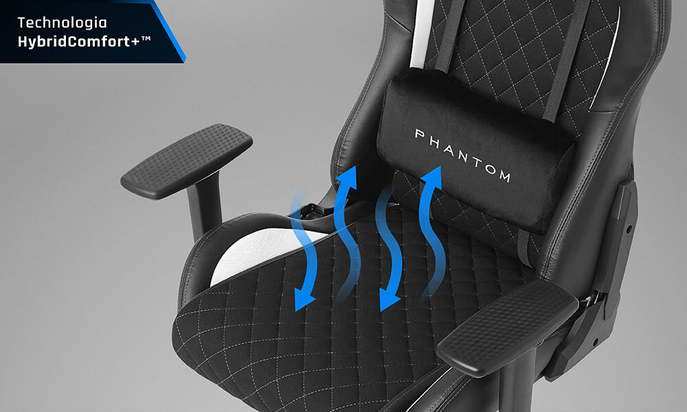 Fotel GAMVIS Phantom Large Czarny (białe elementy) wizualizacja wentylacji fotela zbliżenie na siedzisko szare tło napis z technologią swobodny przepływ powietrza HybridComfort+ wygoda eliminacja efektu przyklejania się