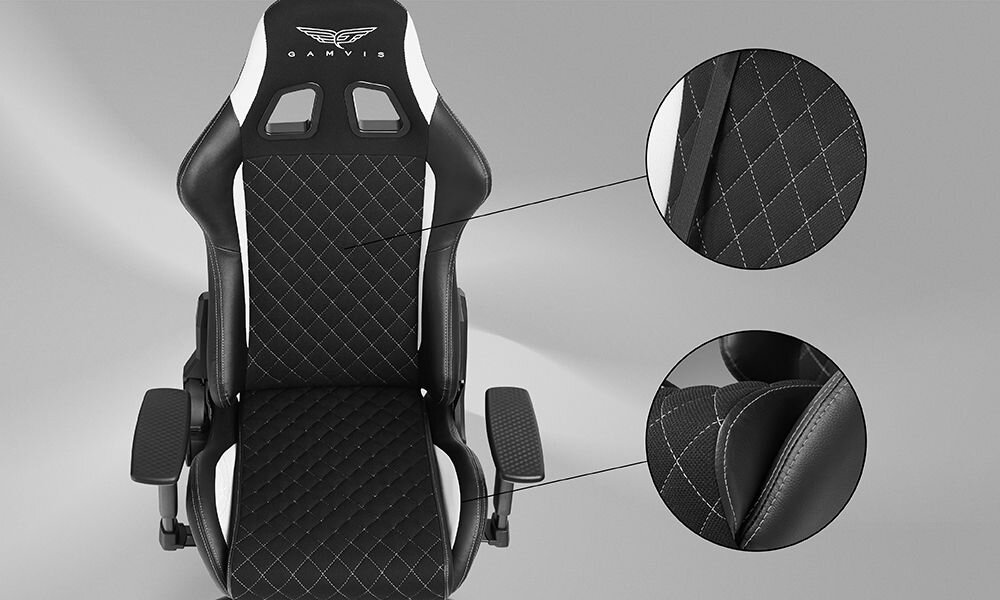 Fotel GAMVIS Phantom Large Czarny (białe elementy) prezentacja fotela i zbliżenie na przeszycia na szarym tle wnętrze luksusowego auta sportowego poczucie prestiżu wygoda komfort