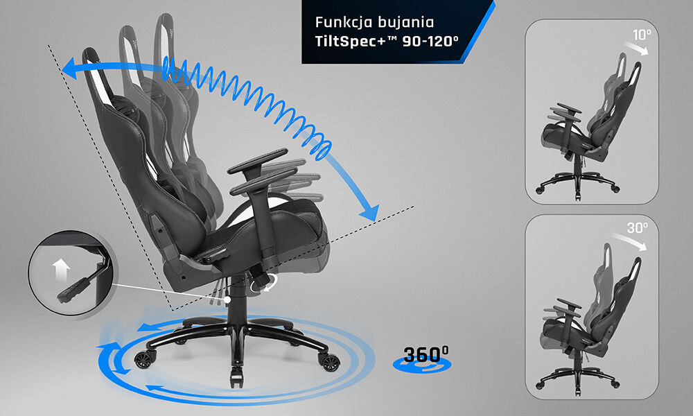 Fotel GAMVIS Phantom Large Czarny (białe elementy) prezentacja możliwego zakresu bujania fotela na szarym tle stabilna konstrukcja przyjemne w dotyku materiały TiltSpec+ odchylenie siedziska wsparcie naturalnego ruchu ciała poprawa wygody bez uczucia zmęczenia