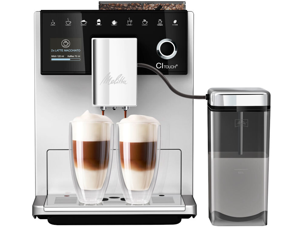 Ekspres MELITTA F630-111 Ci Touch Srebrny moc 1400 W ciśnienie 15 bar doskonała jakość kawy funkcja wstępnego parzenia zwilżenie swieżo mielonej kawy optymalizuje czas kontaktu wody z kawą zapewnia intensywny smak intuicyjna obsługa dotykowa wybieranie dostosowywanie ulubionych napojów