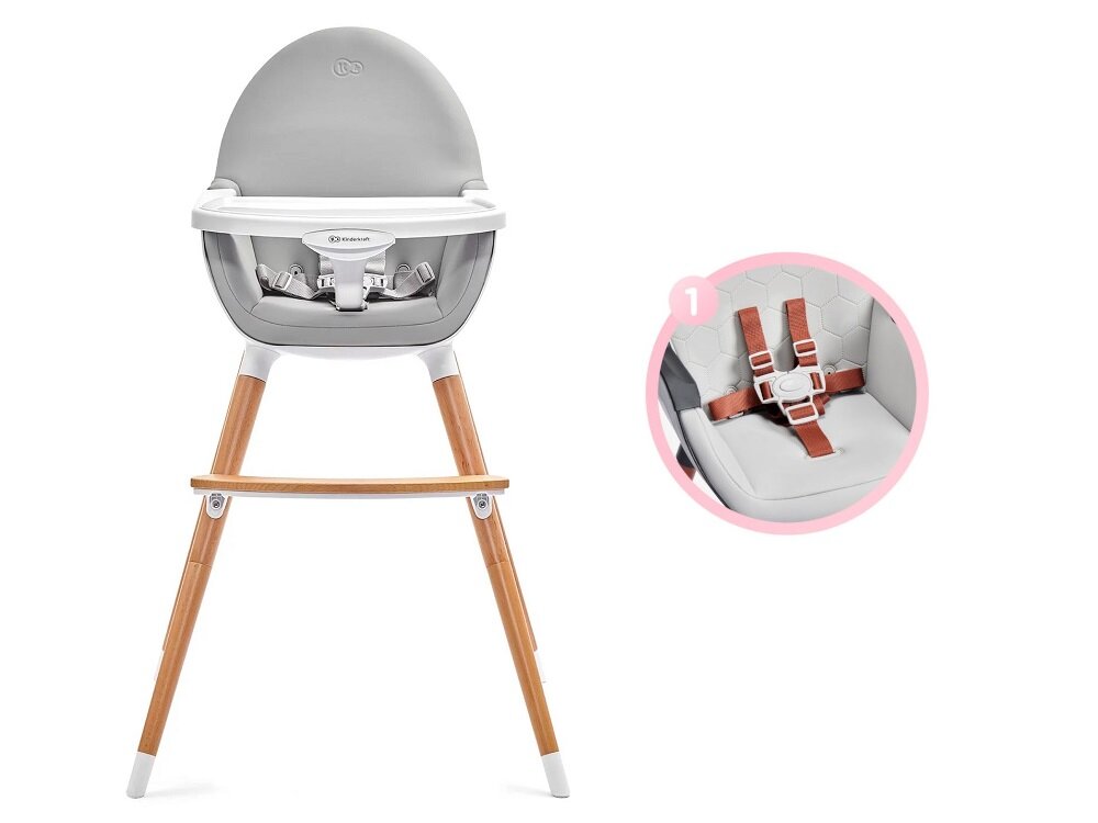 Krzesełko do karmienia KINDERKRAFT Fini Szary 5-punktowe pasy bezpieczenstwa ogranicznik miedzy nozkami