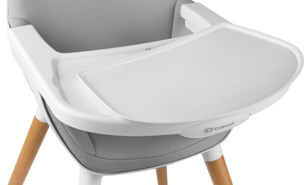 Krzesełko do karmienia KINDERKRAFT Fini Szary latwe czyszczenie odpinana podwojna tacka regulacja w odleglosciach wzgledem oparcia mycie pod biezaca woda w delikatnych srodkach myjacych