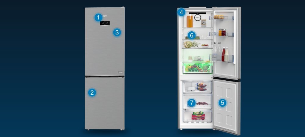 LODÓWKA BEKO B3RCNA364HXB wizualizacja pukty wyróżniki Wyświetlacz elektroniczny Minimalistyczny design wygląd platynowy Oświetlenie Led szuflady mrożenie półka na wino napoje 