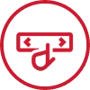 Czerwony symbol w kształcie prostokąta z linią i kółkiem, otoczony okręgiem.