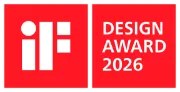 Czerwone logo z białymi literami \'iF\' oraz tekstem \'DESIGN AWARD 2026\'.