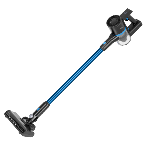 Bezprzewodowy odkurzacz pionowy z niebieską rurą i czarnymi elementami, w tym uchwytem i głowicą ssącą. Na obudowie widoczne jest logo \'AMICA\'.