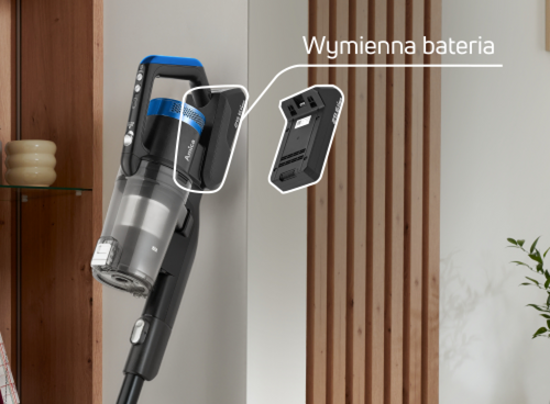 Odkurzacz pionowy z widoczną wymienną baterią, obok której znajduje się napis \'Wymienna bateria\'.