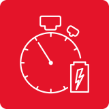 Czerwona ikona z białym symbolem stopera i baterii z błyskawicą.