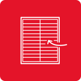 Czerwony kwadrat z białym symbolem przedstawiającym prostokąt z poziomymi liniami i strzałką skierowaną w prawo.