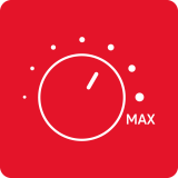 Czerwony kwadrat z białym symbolem pokrętła i napisem \'MAX\'.