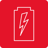 Czerwona ikona przedstawiająca biały kontur baterii z błyskawicą w środku.