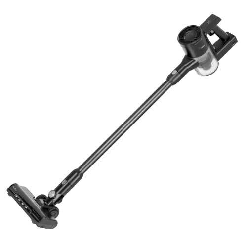 Bezprzewodowy odkurzacz pionowy w kolorze czarnym z widocznym logo \'Amica\' na korpusie.