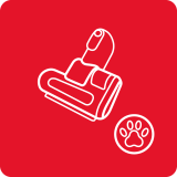 Czerwona ikona przedstawiająca schematyczny rysunek odkurzacza oraz symbol łapy zwierzęcia.