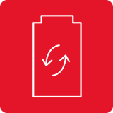 Czerwona ikona przedstawiająca zarys baterii z dwoma zakrzywionymi strzałkami w środku, symbolizującymi wymianę lub ładowanie.