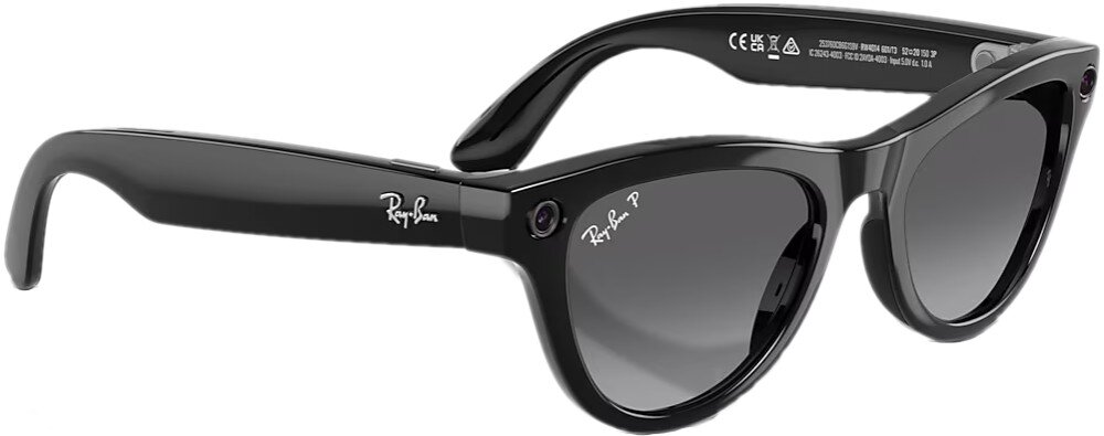 Okulary META Ray-Ban Skyler Gen 2 Czarne okulary przeciwsłoneczne z ciemnymi soczewkami, widok z góry i boku, na zausznikach logo 'Ray-Ban', na lewej soczewce 'Ray-Ban P'