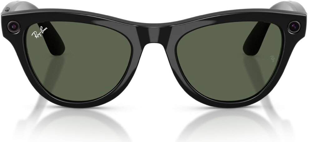 Okulary META Ray-Ban Skyler Gen 2 Czarne okulary przeciwsłoneczne z ciemnymi soczewkami, widok z przodu, na lewej soczewce logo 'Ray-Ban P'