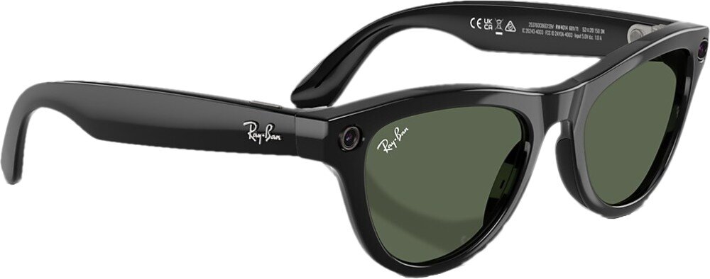 Okulary META Ray-Ban Skyler Gen 2 Czarne okulary przeciwsłoneczne z ciemnymi soczewkami, widok z góry i boku, na zausznikach logo 'Ray-Ban', na lewej soczewce 'Ray-Ban P'