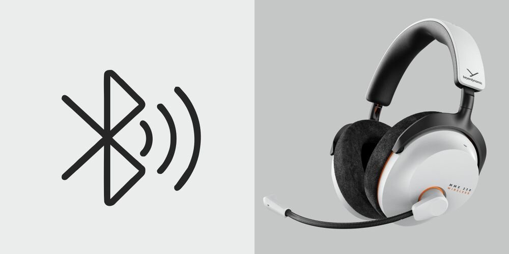 Słuchawki BEYERDYNAMIC MMX 230 Wireless niskie opóźnienie bezprzewodowa transmisja synchronizacja audio w grach, słuchawki po skosie na szarym tle