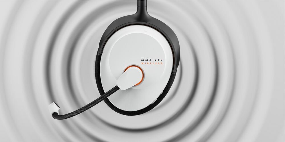 Słuchawki BEYERDYNAMIC MMX 230 Wireless komfort welurowe nauszniki bateria 60 godzin lekka konstrukcja, słuchawki z boku na szarym tle