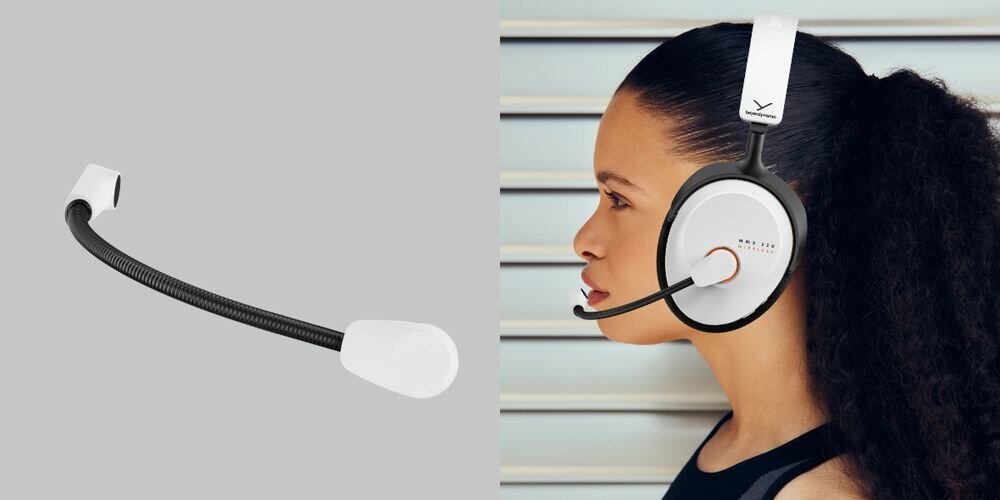 Słuchawki BEYERDYNAMIC MMX 230 Wireless mikrofon redukcja szumów wyciszenie komunikacja głosowa, osoba z założonymi słuchawkami nausznymi, odłączany mikrofon