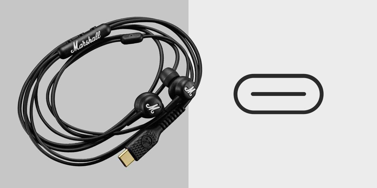 Słuchawki dokanałowe MARSHALL Mode USB-C - Bezpośrednie połączenie USB-C, Przewodowa konstrukcja, słuchawki na szarym tle