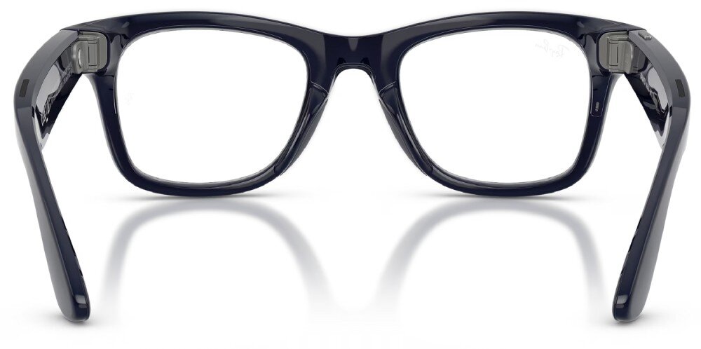 Okulary META Ray-Ban Wayfarer Gen 2 czarne oprawki okularowe widziane od strony wewnętrznej, pokazujące mechanizm zawiasów oraz przezroczyste soczewki