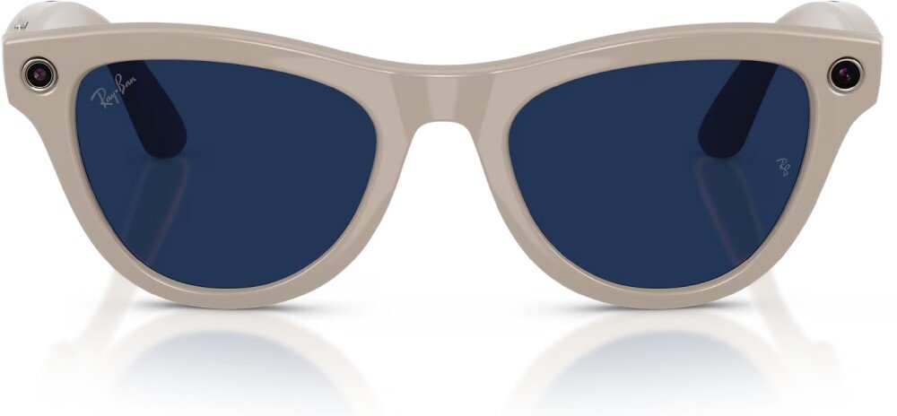 Okulary META Ray-Ban Skyler Gen 2 okulary przeciwsłoneczne z ciemnymi soczewkami, widok z przodu, na lewej soczewce logo 'Ray-Ban P'