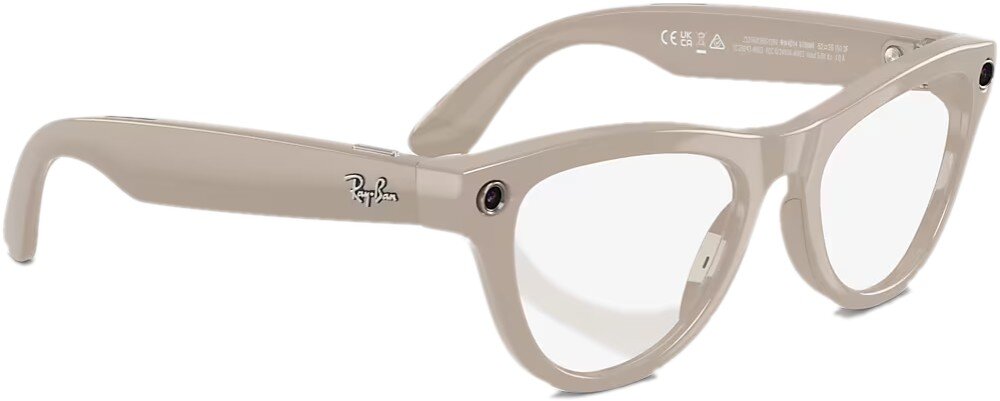 Okulary META Ray-Ban Skyler Gen 2 okulary przeciwsłoneczne z ciemnymi soczewkami, widok z góry i boku, na zausznikach logo 'Ray-Ban', na lewej soczewce 'Ray-Ban P'