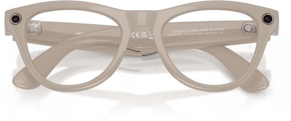 Okulary META Ray-Ban Skyler Gen 2 okulary przeciwsłoneczne złożone na płasko, widok od wewnętrznej strony, widoczne białe napisy informacyjne na mostku