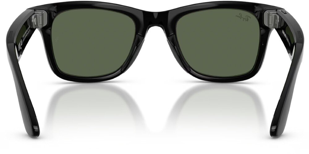 Okulary META Ray-Ban Wayfarer Gen 2 czarne oprawki okularowe widziane od strony wewnętrznej, pokazujące mechanizm zawiasów oraz przezroczyste soczewki