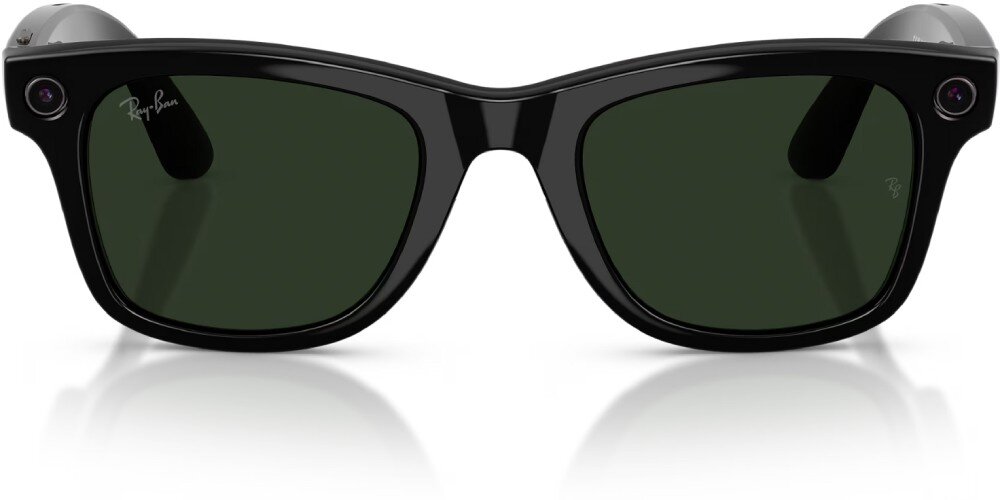 Okulary META Ray-Ban Wayfarer Gen 2 czarne okulary przeciwsłoneczne z ciemnozielonymi szkłami i logo marki w rogu soczewki, widziane od przodu z wyraźnie zaznaczonymi punktami kamer przy zausznikach