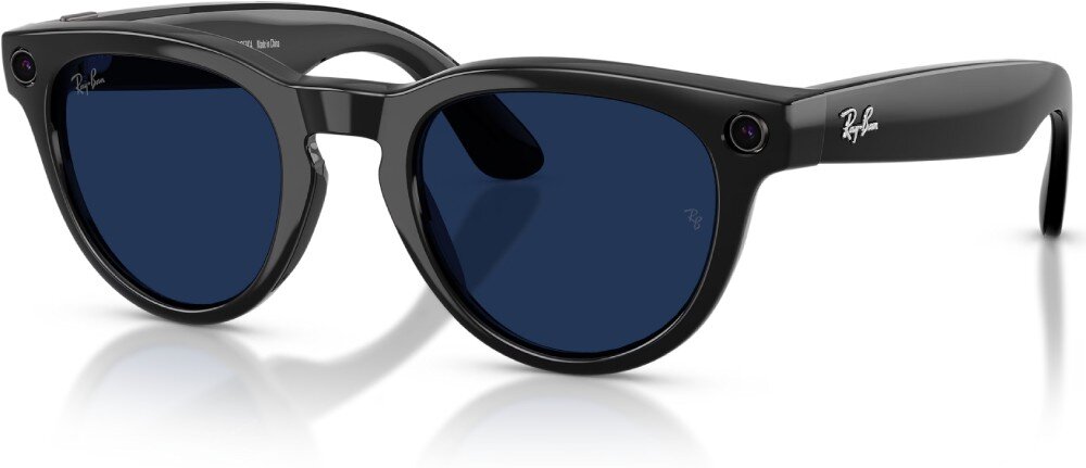 Okulary META Ray-Ban Headliner Gen 2 Czarne okulary w zaokrąglonych oprawkach z wbudowaną kamerą umieszczone na białym tle