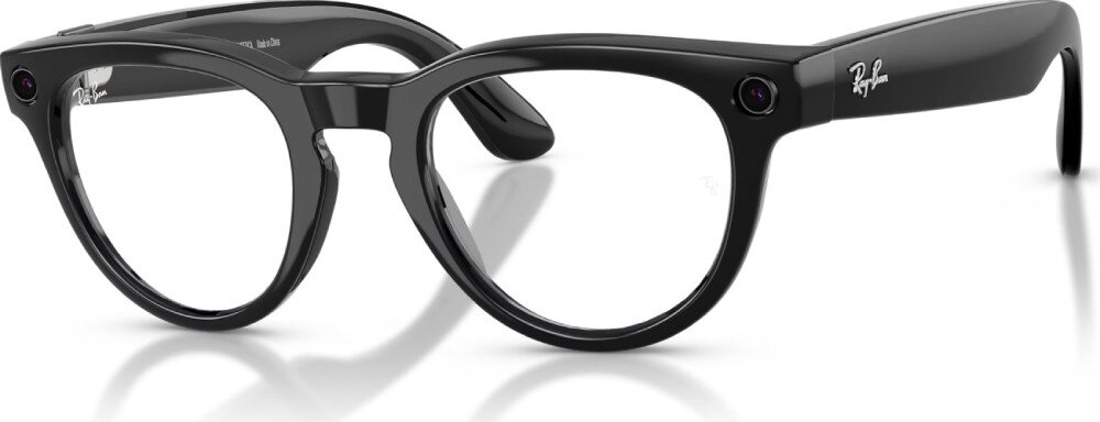 Czarne, błyszczące okulary z okrągłymi soczewkami i logo \'Ray-Ban\' na zauszniku. Na froncie oprawek widoczne są małe kamery.