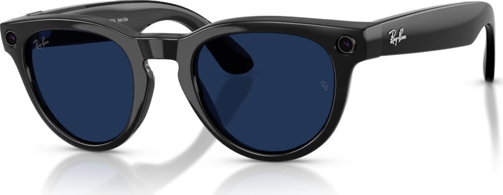 Czarne, błyszczące okulary przeciwsłoneczne z ciemnymi soczewkami i logo \'Ray-Ban\' na zauszniku oraz przy soczewce.