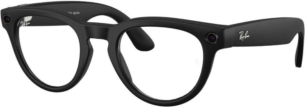 Okulary META Ray-Ban Headliner Gen 2 Czarne okulary w zaokrąglonych oprawkach z wbudowaną kamerą umieszczone na białym tle