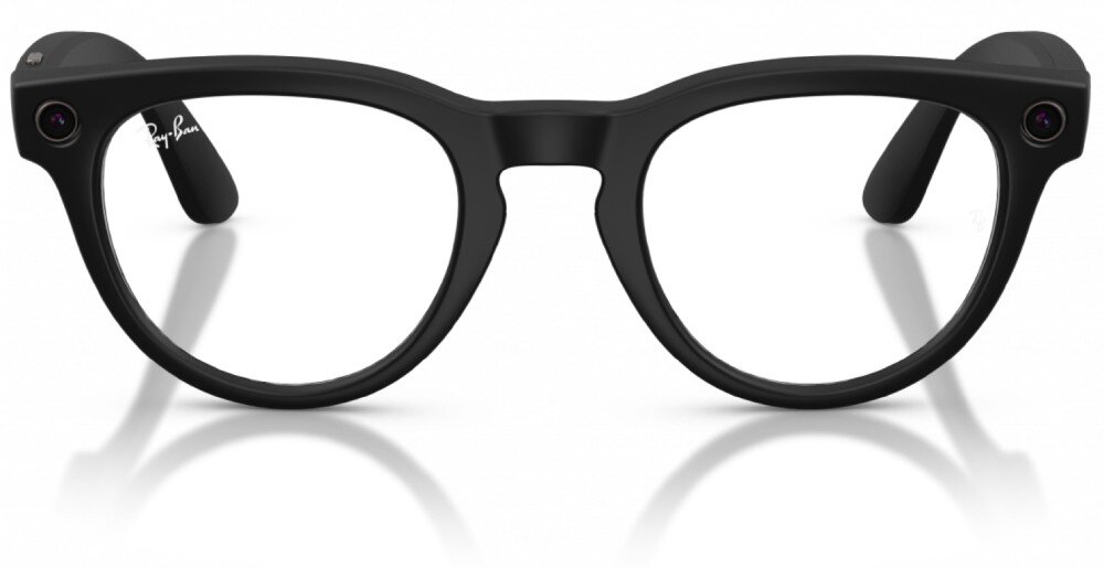 Okulary META Ray-Ban Headliner Gen 2 Czarne okulary w zaokrąglonych oprawkach z wbudowaną kamerą umieszczone na białym tle, na dole widać cień