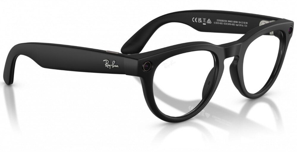 Okulary META Ray-Ban Headliner Gen 2 Czarne okulary w zaokrąglonych oprawkach z wbudowaną kamerą, widziane z boku, na zauszniku widać napis 'Ray-Ban'