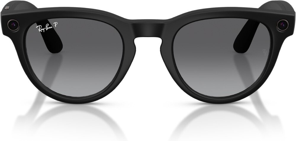 Okulary META Ray-Ban Headliner Gen 2 Czarne okulary w zaokrąglonych oprawkach z wbudowaną kamerą umieszczone na białym tle, na dole widać cień