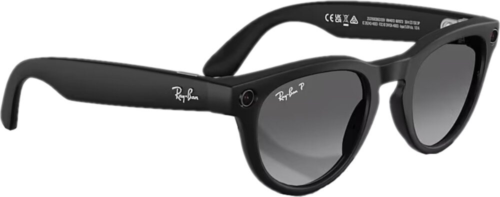 Okulary META Ray-Ban Headliner Gen 2 Czarne okulary w zaokrąglonych oprawkach z wbudowaną kamerą, widziane z boku, na zauszniku widać napis 'Ray-Ban'