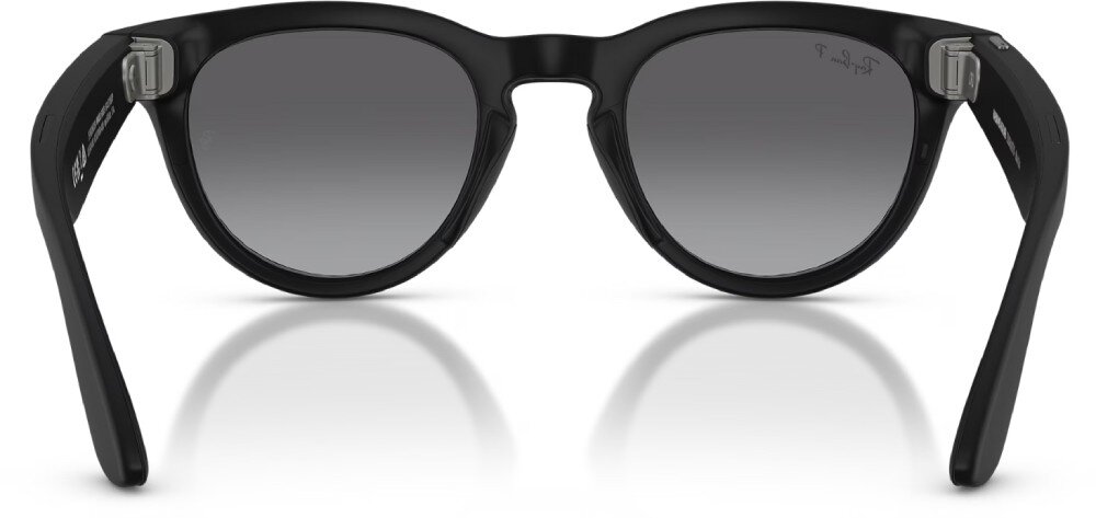 Okulary META Ray-Ban Headliner Gen 2 Czarne okulary w zaokrąglonych oprawkach widziane od strony zauszników umieszczone na białym tle, na dole widać cień